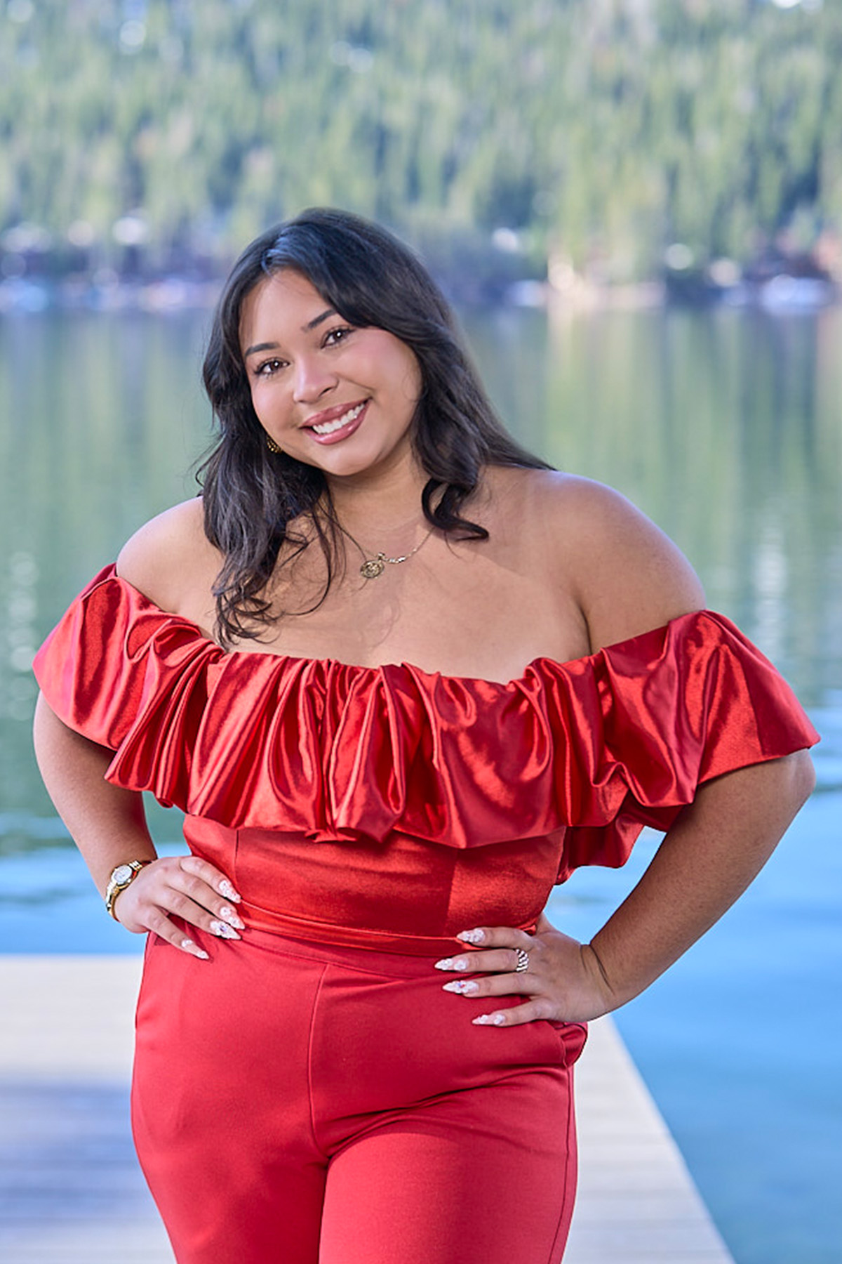 Giselle Tzintzun at Donner Lake in all red outfit.